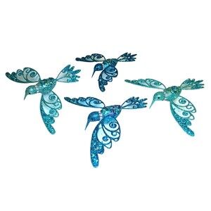 Vtg Set 4 Blue Glitter Sequin Hummingbird Clip On Christmas Ornaments Pier One